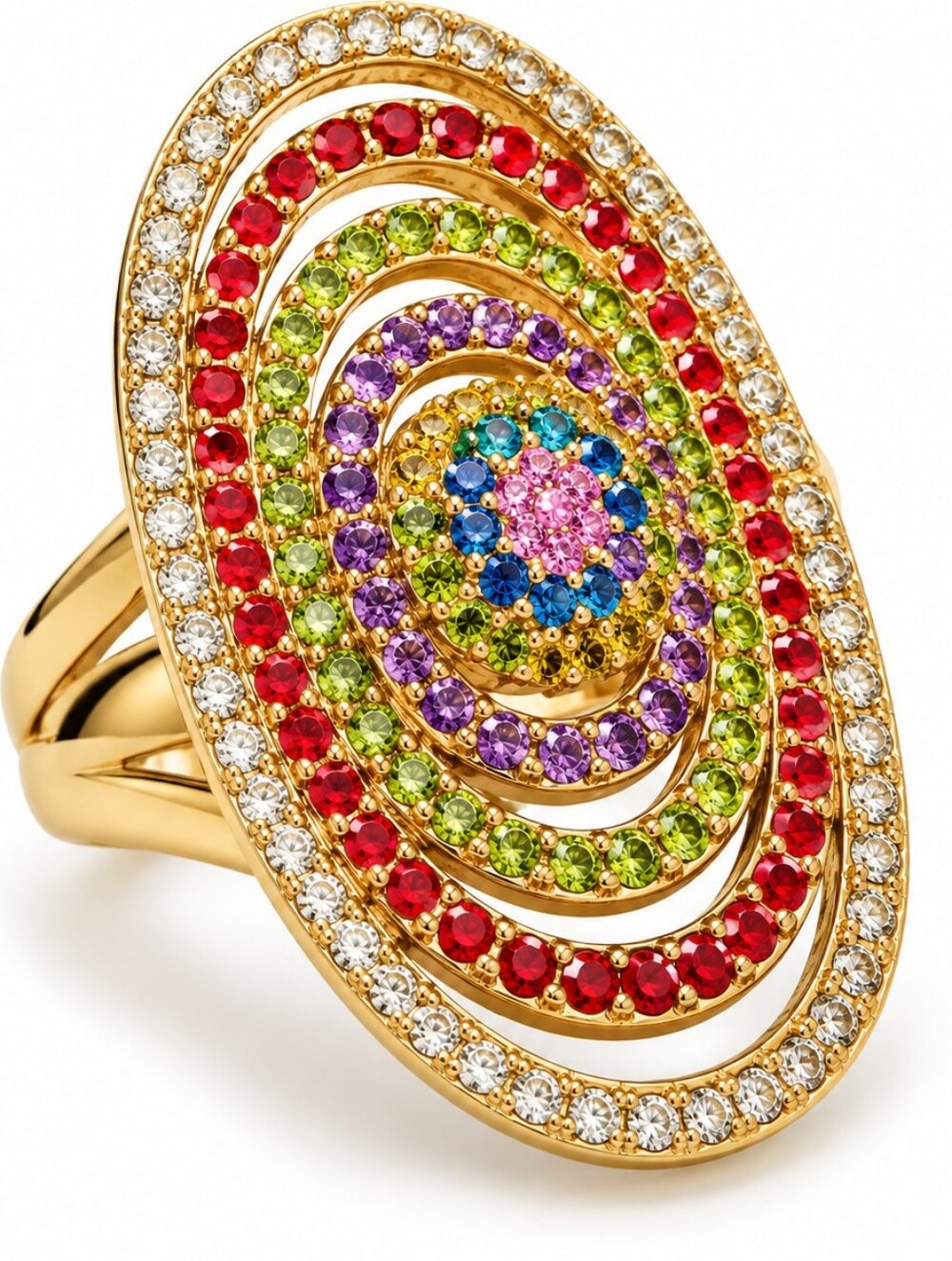 Gold Plated Multicolor Crystal Oval Statement Ring